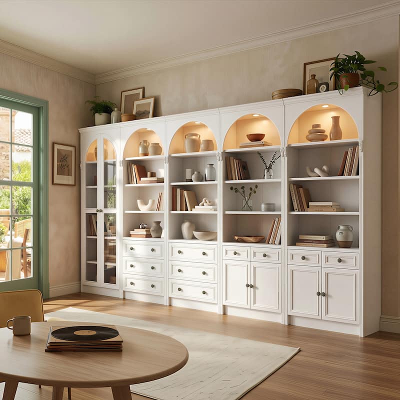 Modular White Bookcase with LED Lights & Glass Doors, 86.6" Tall Arched Display Cabinet Solid WoodStorage Cabinet