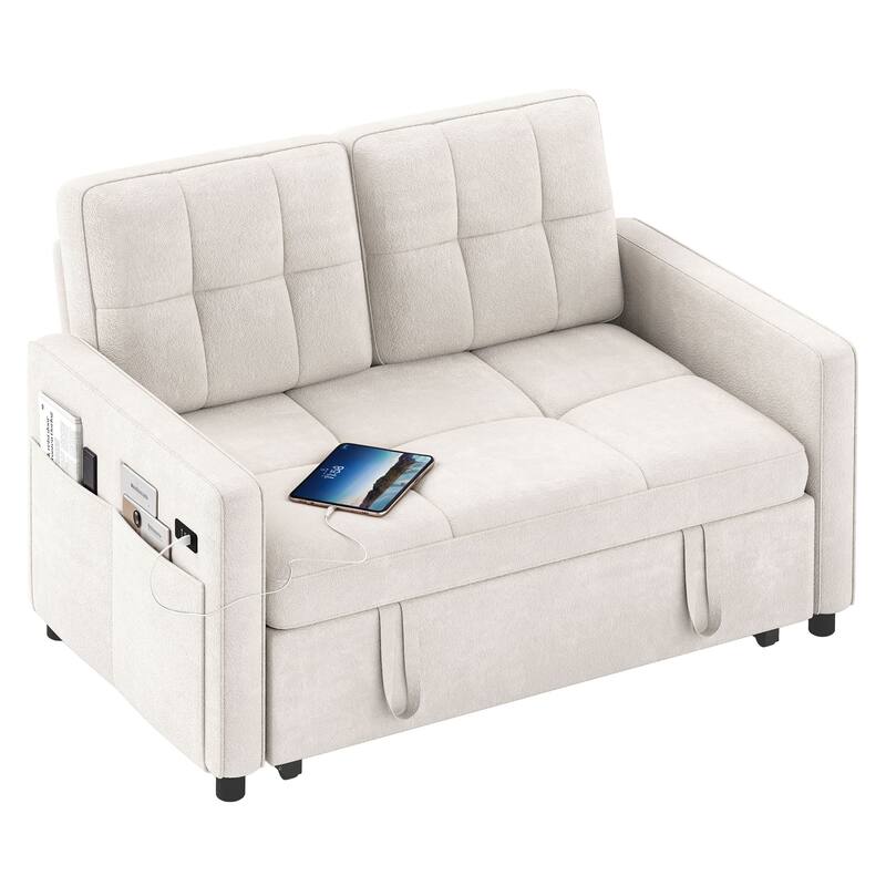 Moasis 3-in-1 Multi-Functional Sleeper Sofa with Iron Frame Pull-Out Bed,Loveseat Bed with USB Port - Beige