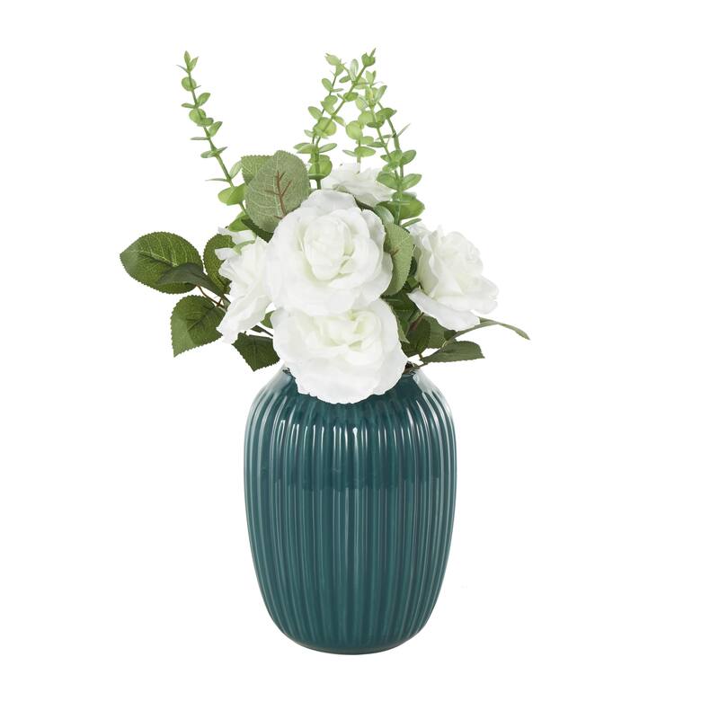 White Fabric Artificial Flower with Green Leaves and Round Ceramic Vase