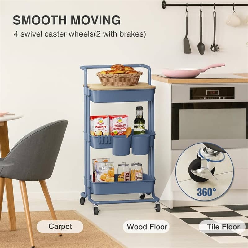 3 Tier Utility Rolling Cart - 15.6"D x 16.5"W x 35.4"H