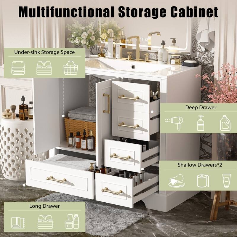 36" Bathroom Vanity with Ceramics Sink , 2 Soft Close Doors and 4 Drawers