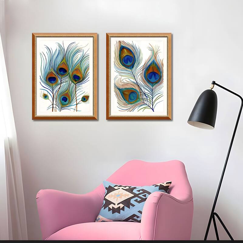 Set of 2 Peacock Feather Framed Wall Art - Replaceable Canvas Prints with Solid Wood Picture Frames, Elegant Botanical