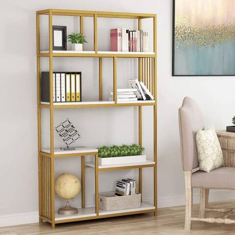7-Open Shelf Bookcases, Etagere Bookcase with Gold Sturdy Metal Frame