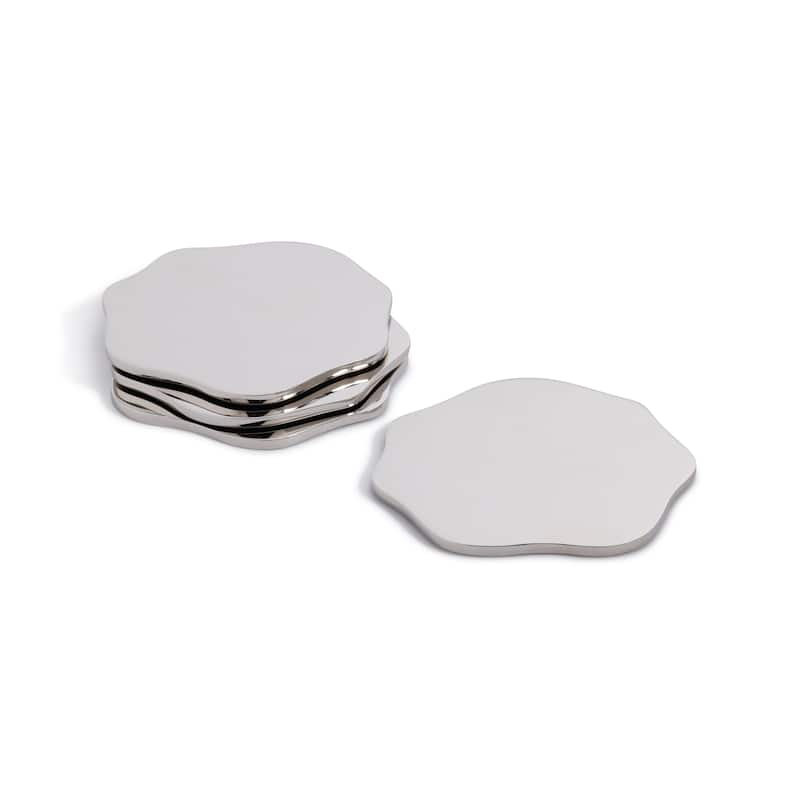 Lina Polished Metal 4.25" Beverage Coasters, Set of 4 - Nickel