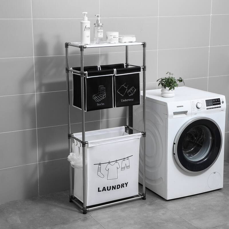 Laundry Hamper 3 Tier Laundry Sorter with 4 Removable Bags for Organizing Clothes, Laundry, Lights, Darks ,Three hooks - White/Black
