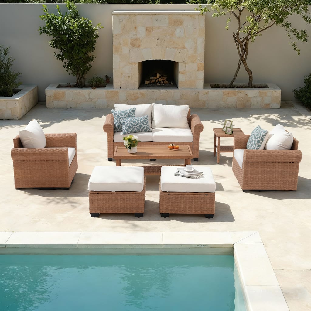 Outdoor 7-Piece Pe Rattan Garden Patio Sofa Set with Swivel Chair