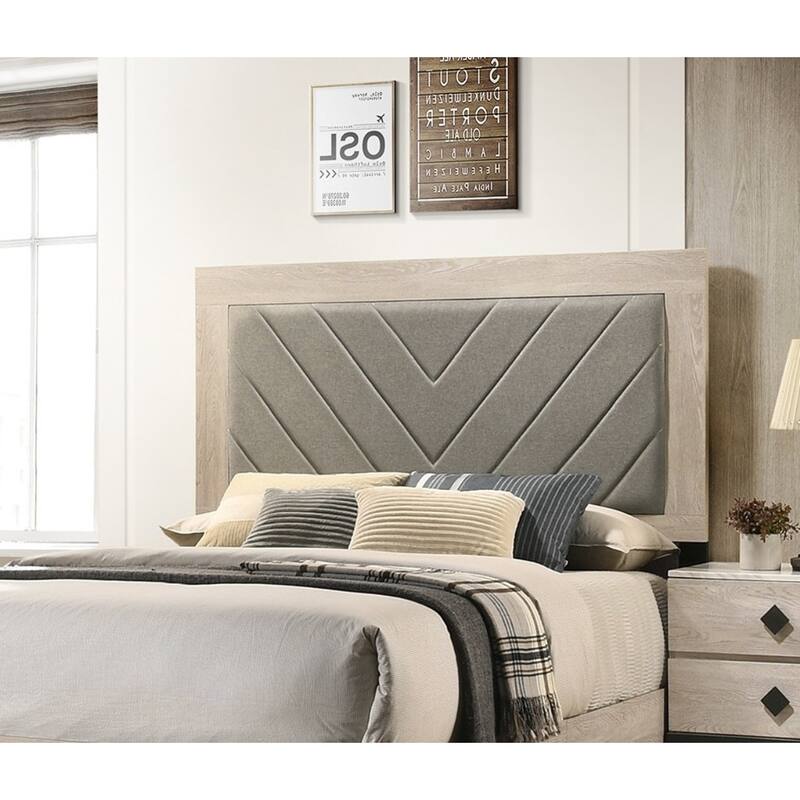 Queen Size Rubberwood Upholstered Platform Bed Frame with V-Shaped Fabric Headboard