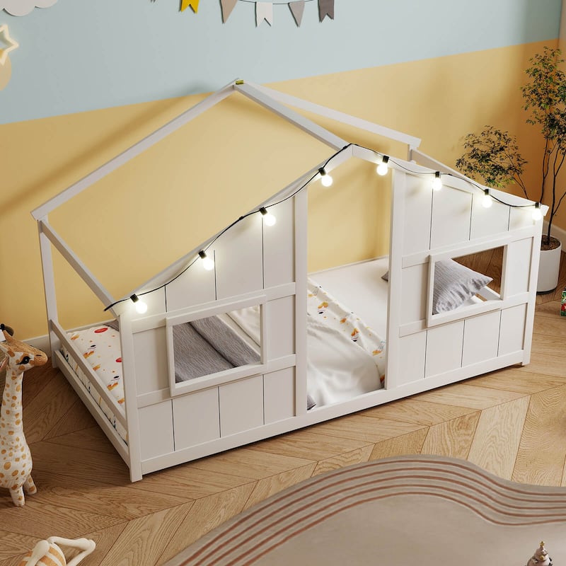 Costway Twin Size House Floor Bed with LED Lights Solid Wood Bed Frame