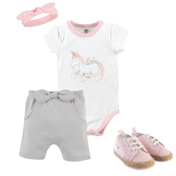 slide 1 of 1, Yoga Sprout Baby Girl Cotton Layette and Shoe 4pc Set, Unicorn 0-3 Months - Unicorn