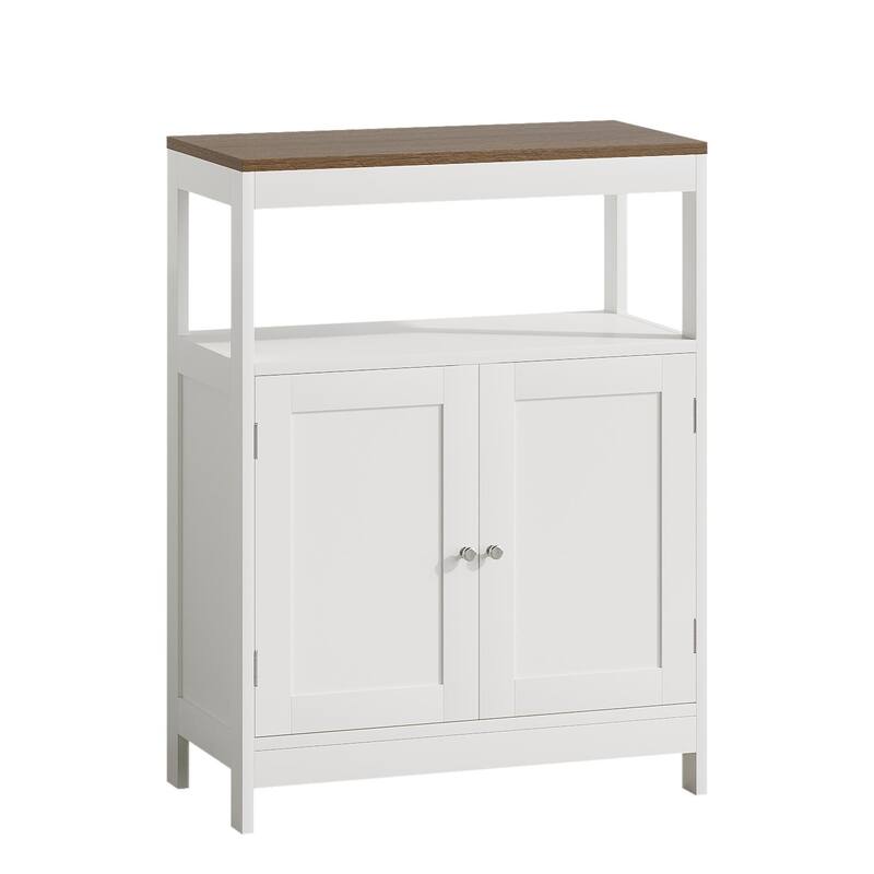 Modern Storage Cabinet with Double Doors, Free-Standing Bathroom Cabinet with Adjustable Shelf and Natural Wood Top