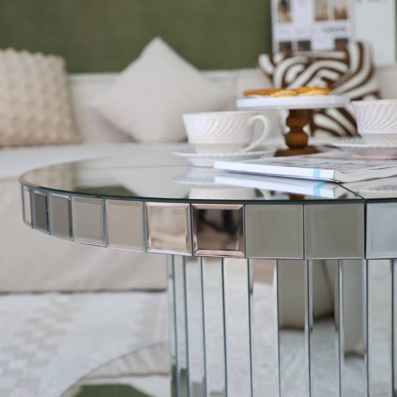 Double-Tier Luxury Round Mirror Coffee & End Table with Fluted Glass - 31.5" Diameter Modern Sofa Side Table for Living Room