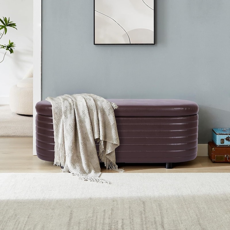 PU Storage Ottoman Bench for Bedroom End of Bed Stool with Safety Hinge for Living Room, Entryway - 49.6*18.3*18.5 inch - Brown