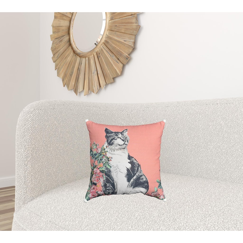 18" X 18" Pink Cat Zippered Handmade Cotton Blend Throw Pillow With Pom Poms