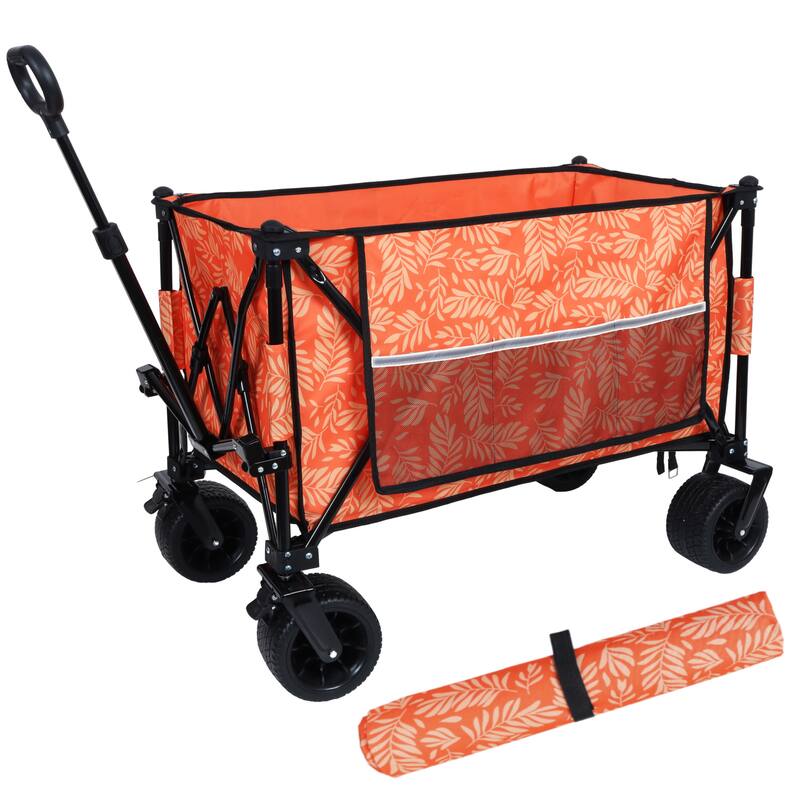 Heavy-Duty 480lb Folding Wagon with Bonus Picnic Mat - All-Terrain Wheels, Drink Holders & Brakes, Orange Print