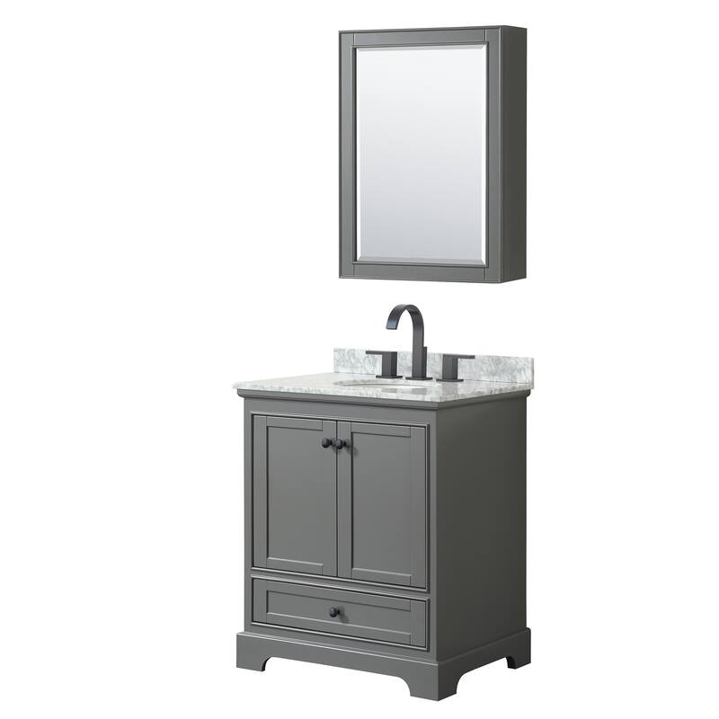 Deborah 30-inch Dark Gray Single Vanity, Oval Sink, Med Cab - Dark Gray, Black Trim, White Carrara Marble Top