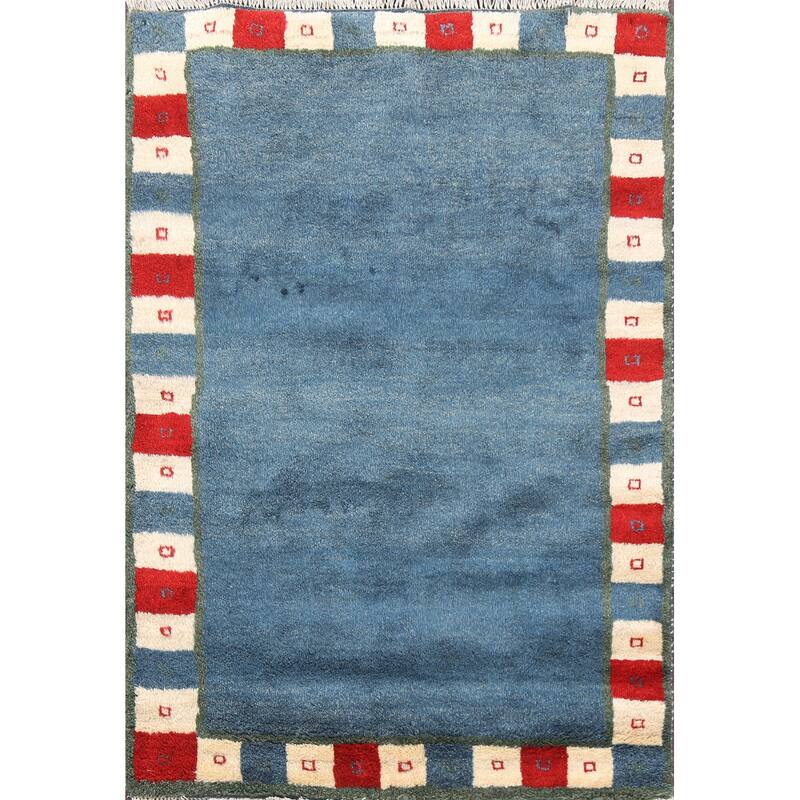 Hand Knotted Oriental 100% Wool Carpet Modern Bordered Navy Blue & Blues Gabbeh Area Rug - 5' 0'' X 3' 11''