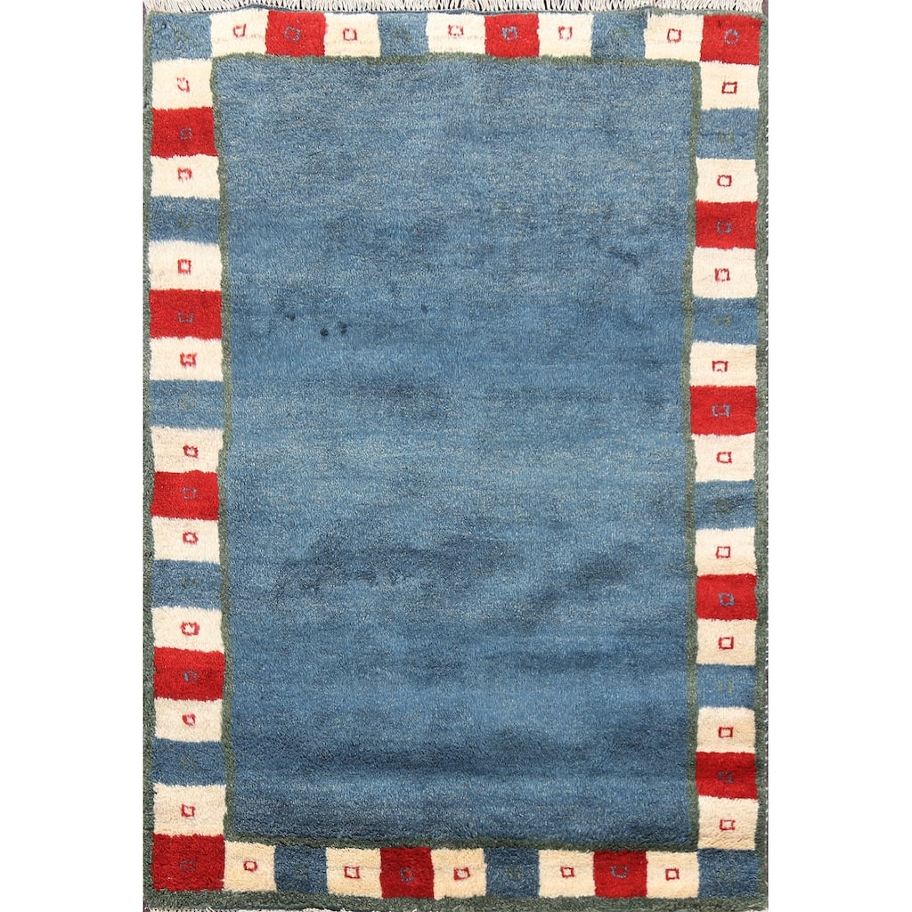 Hand Knotted Oriental 100% Wool Carpet Modern Bordered Navy Blue & Blues Gabbeh Area Rug - 5' 0'' X 3' 11''