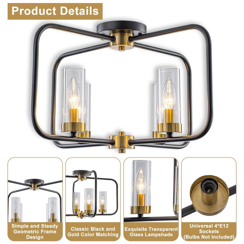 4 Light Industrial Black Metal Flush Mount Ceiling Light with Glass Tube Shade - Dia.20.28-in