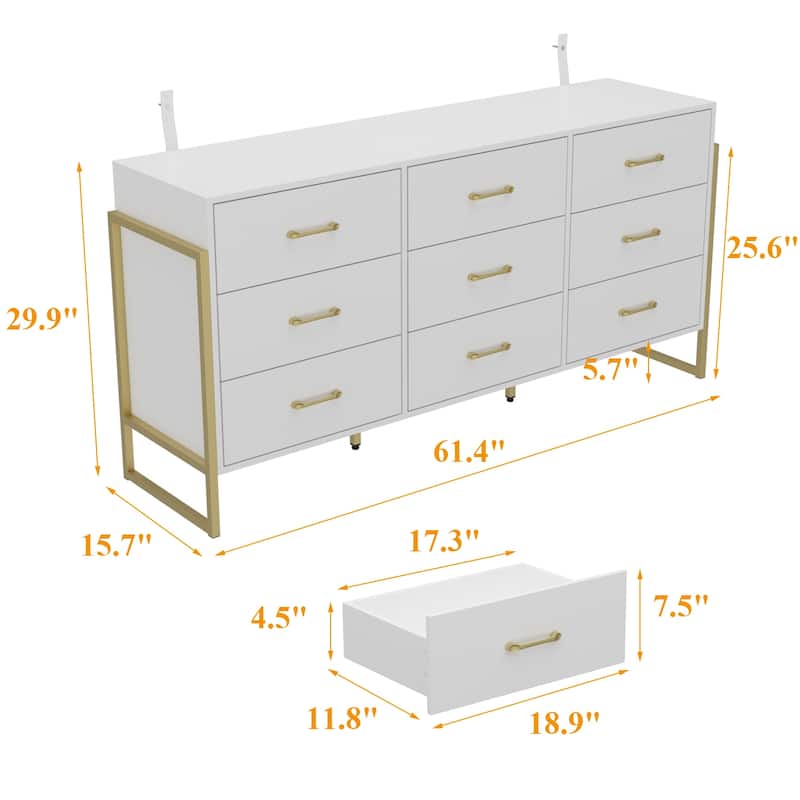 61.4” White 9-Drawer Dresser with Gold Metal Frame, Modern Storage Cabinet for Bedroom, Living Room or Entryway