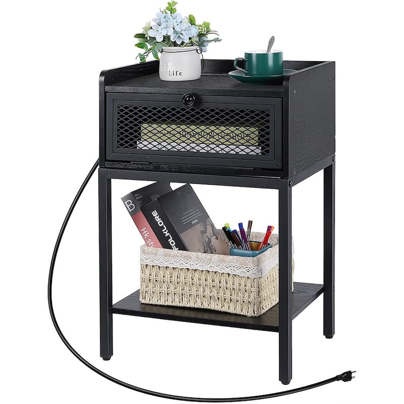 Black Nightstand with Charging Station - Black - 1-drawer