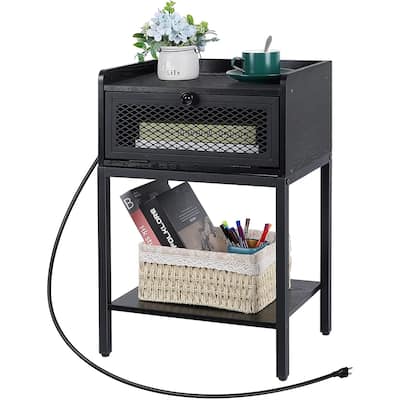 Black Nightstand with Charging Station