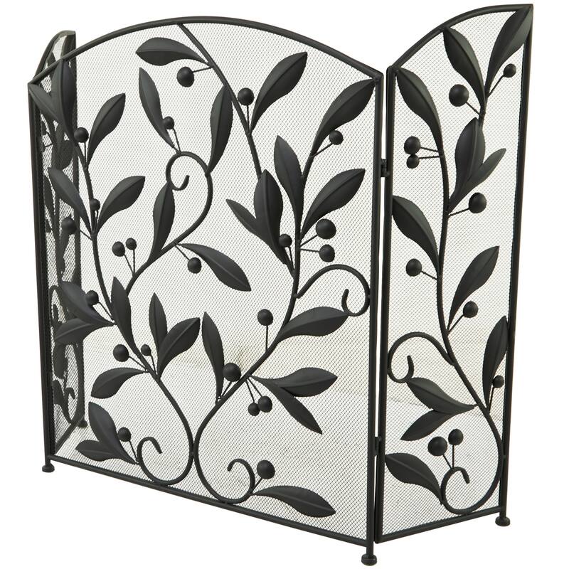Metal Scroll Foldable Mesh Netting 3 Panel Fireplace Screen with Leaf and Vine Relief - Black or Red - Roche River Decor