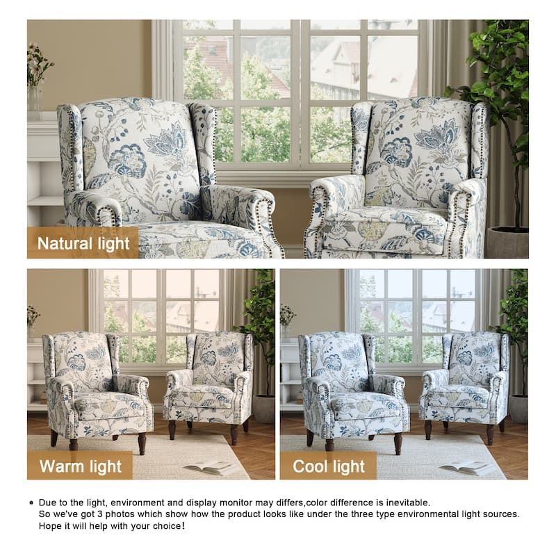 2 Set Transitional Patterned Wingback Accent Chairs with NailHead