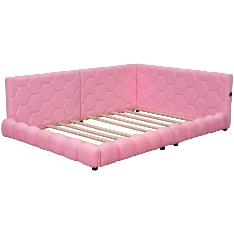 Full Size Platform Bed, Teddy Upholstered Bed Frame with USB Ports and