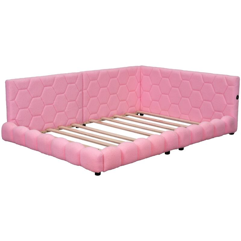 Full Size Platform Bed, Teddy Upholstered Bed Frame with USB Ports and