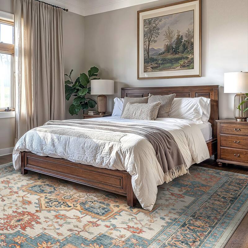 Mcow Neutral Floral Low Pile Machine Washable Non-Slip Area Rug