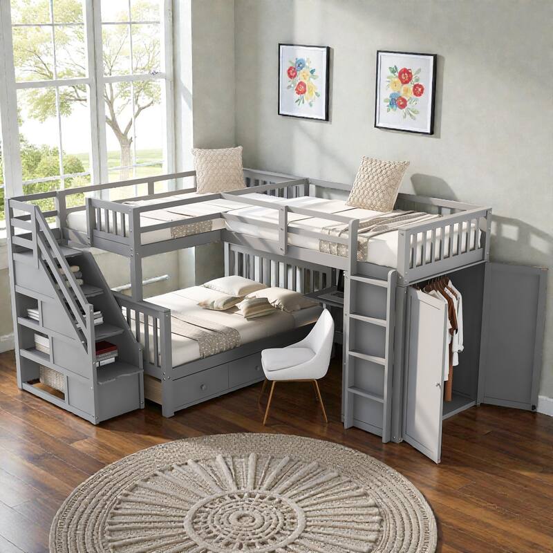 Twin Twin Over Full L-Shaped Bunk Bed with Drawers, Wardrobe and Retractable Desk, Pine Wood Frame