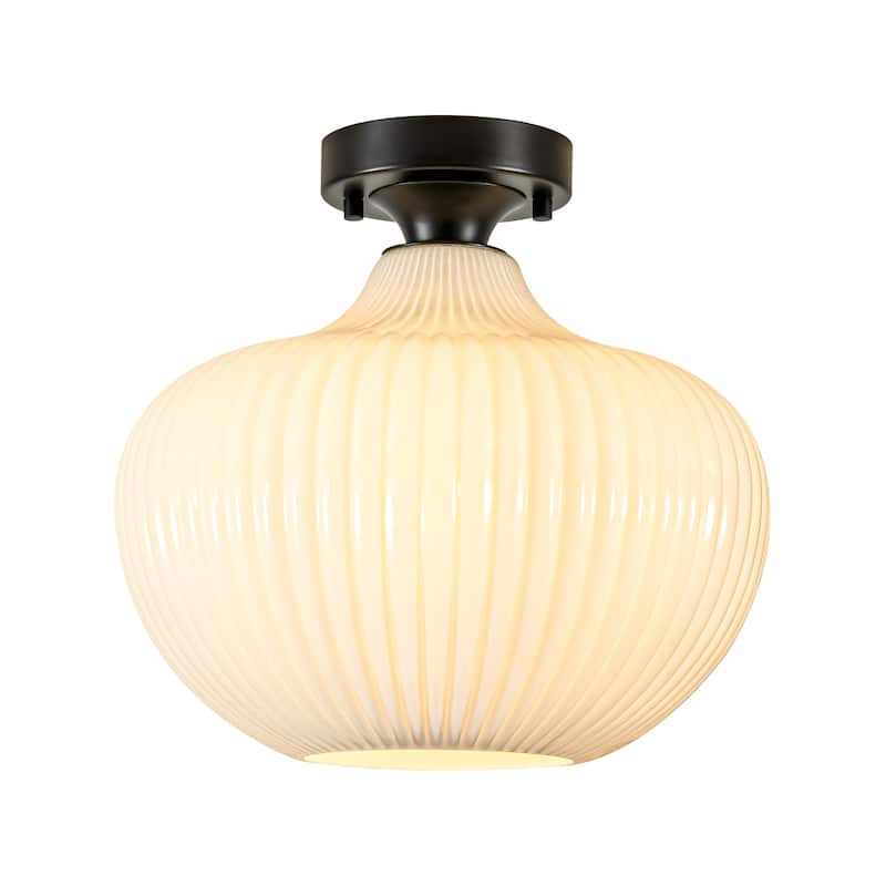 1-Light Modern Elegant Ribbed Glass Flush Mount with Brushed Brass/Matte Black Finish for Bedroom & Foyer