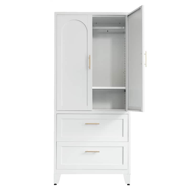 White Metal Wardrobe Closet with 2 Drawers and Hanging Rod, 71" Tall Bedroom Armoire Clothes Storage Cabinet with Shelf