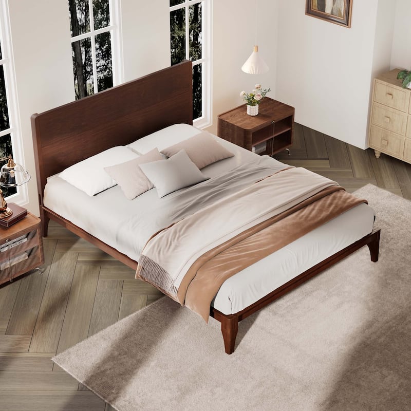 Mid-Century Modern Bamboo Wood Platform Bed