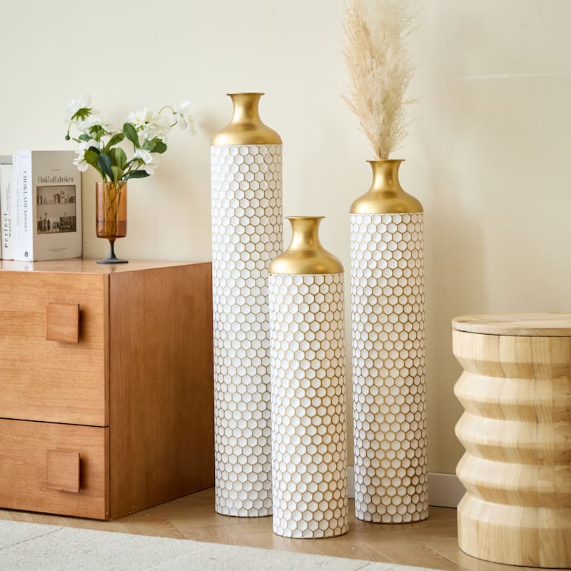 Floor metal vase decoration home droplet shaped white metal vase 3-piece set gorgeous home decoration large glazed metal vase