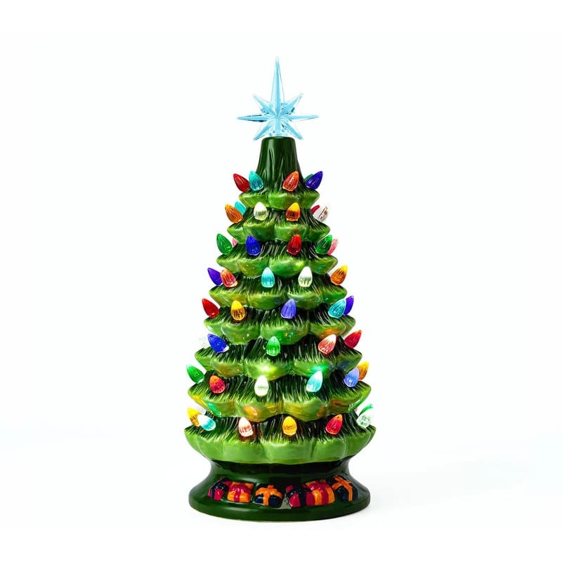 15 in. Tall Green Ceramic Pre-lit Tabletop Christmas Tree with Gift Box - Multicolor