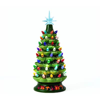 15 in. Tall Green Ceramic Pre-lit Tabletop Christmas Tree with Gift Box - Multicolor