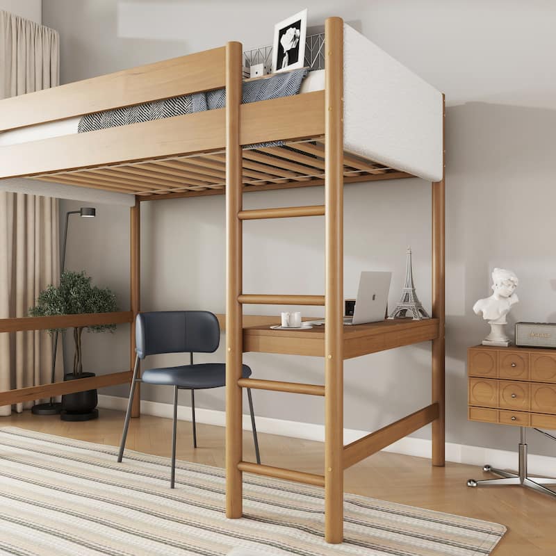 Twin Size Loft Bed Natural Bed Frame with Ladder, Guardrails, Underbed Desk, Teddy Fleece Fabric Headboard Footboard for Student