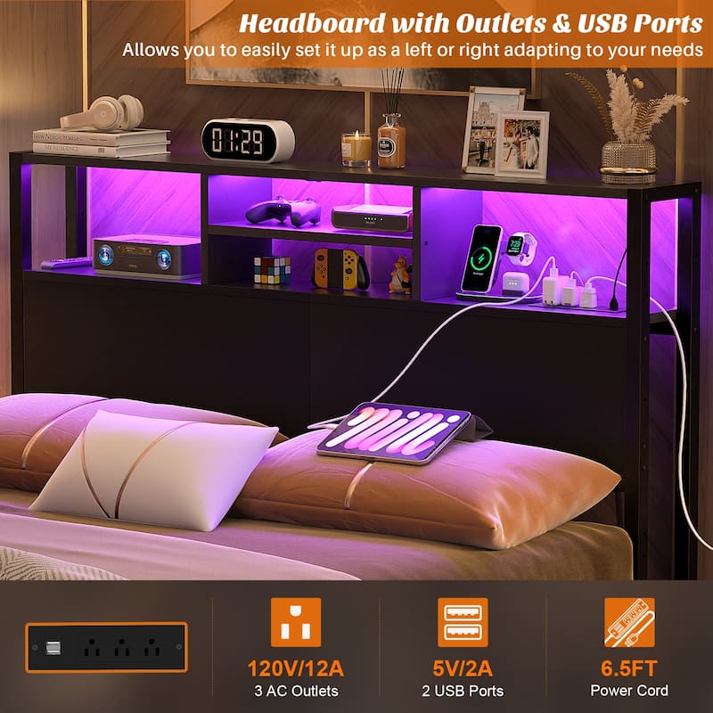 Headboard with Storage and Charge Station, Platform Bed Heaboard with LED Lights