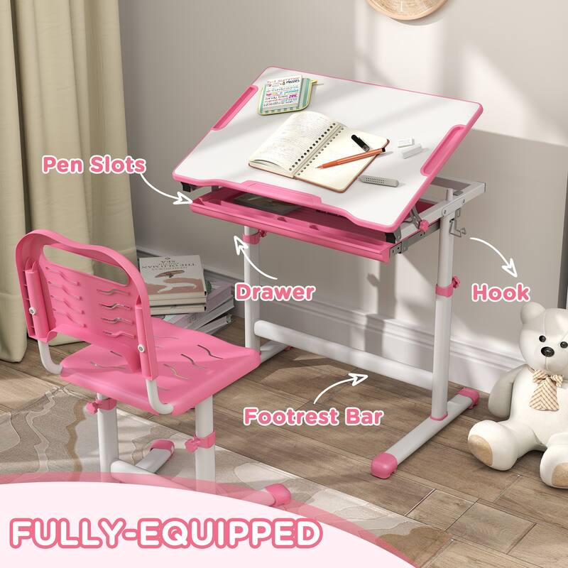 Height-Adjustable Kids Desk and Chair Set with Tilt Table and Drawer Pen Slots for Ages 6-12