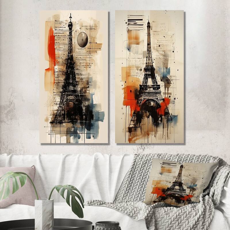 Designart "Paris Eiffel Tower Retro Illustration I" City Paris Wall Art Set of 2 - Traditional Wall Art For Bedroom
