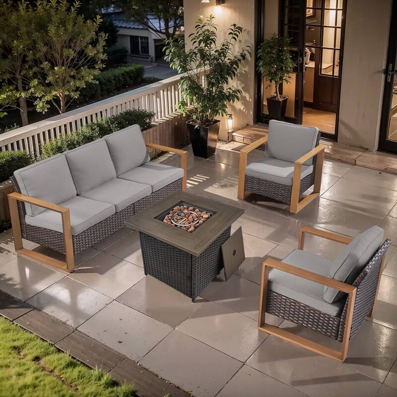 Pocassy Outdoor Fire Pit Conversation Set 3-Seat Sofa Chairs Patio Furniture Set - Brown Wicker Gray Cushion - 4-Piece Sofa Patio Chair with Fire Table