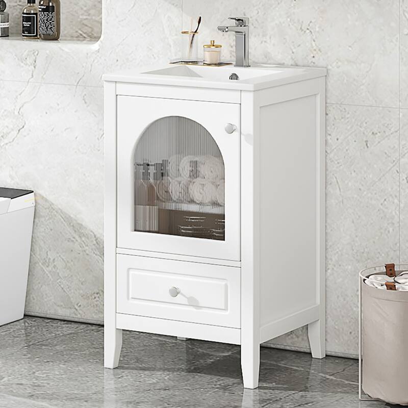 20 inch MDF Bathroom Vanity with Sink, Bathroom Cabinet with Soft Closing Glass Door - White