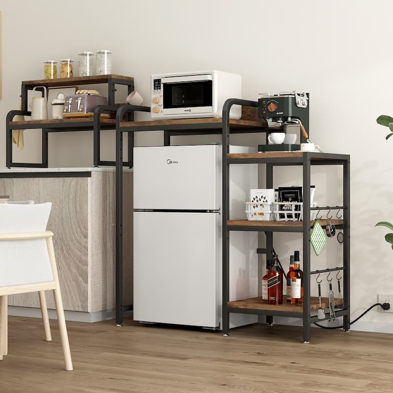 Multifunctional 7-Tier Mini Fridge & Microwave Stand with 2 AC/2 USB Outlets - Coffee Bar & Bakers Rack Storage Shelf