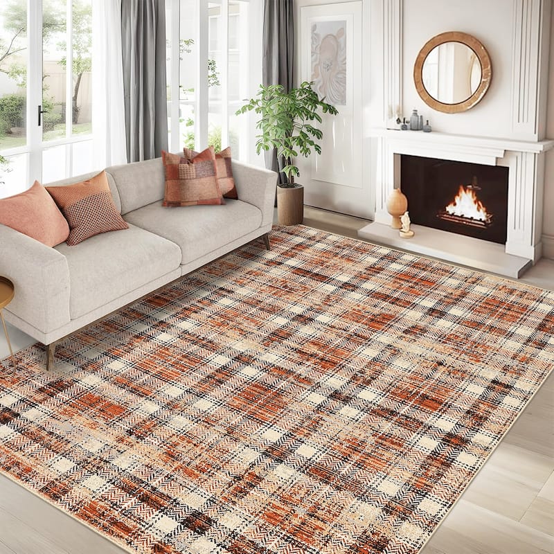 Garvee Earthy Plaid Soft Low Pile Foldable Area Rug