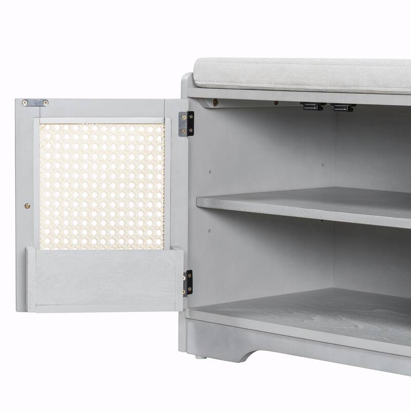 Rustic Storage Bench with Removable Cushion, Woven Rattan Doors & Adjustable Shelves