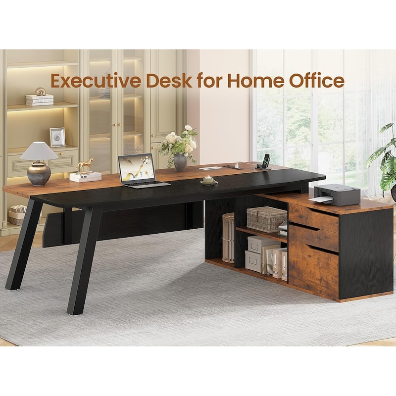 71" Executive Desk File Cabinet L Shaped Computer Desk Shelves