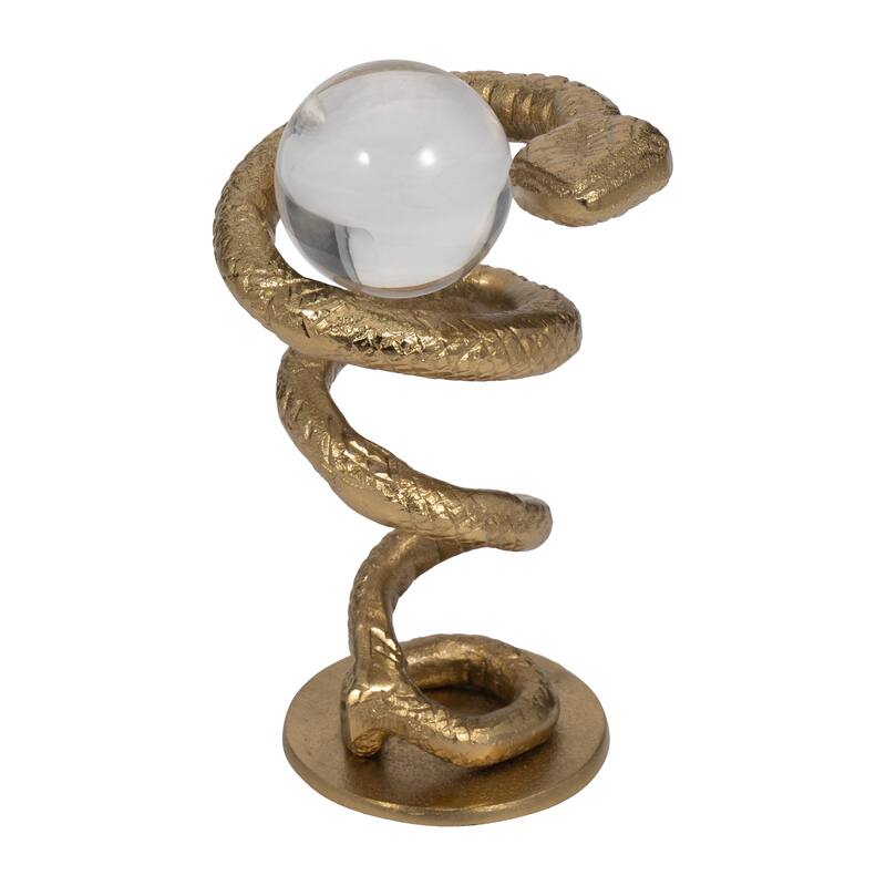 Sagebrook Home's Gold Novelty 7'' Metal Snake Coil Figurine with Acrylic Ball - 5" x 4" x 7"