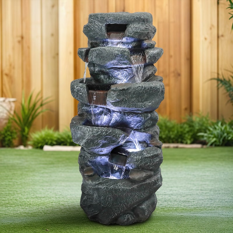 6-Tier Cascading Rock Water Fountain Outdoor Garden Waterfall w/Lights - Floor - Stone - Grey