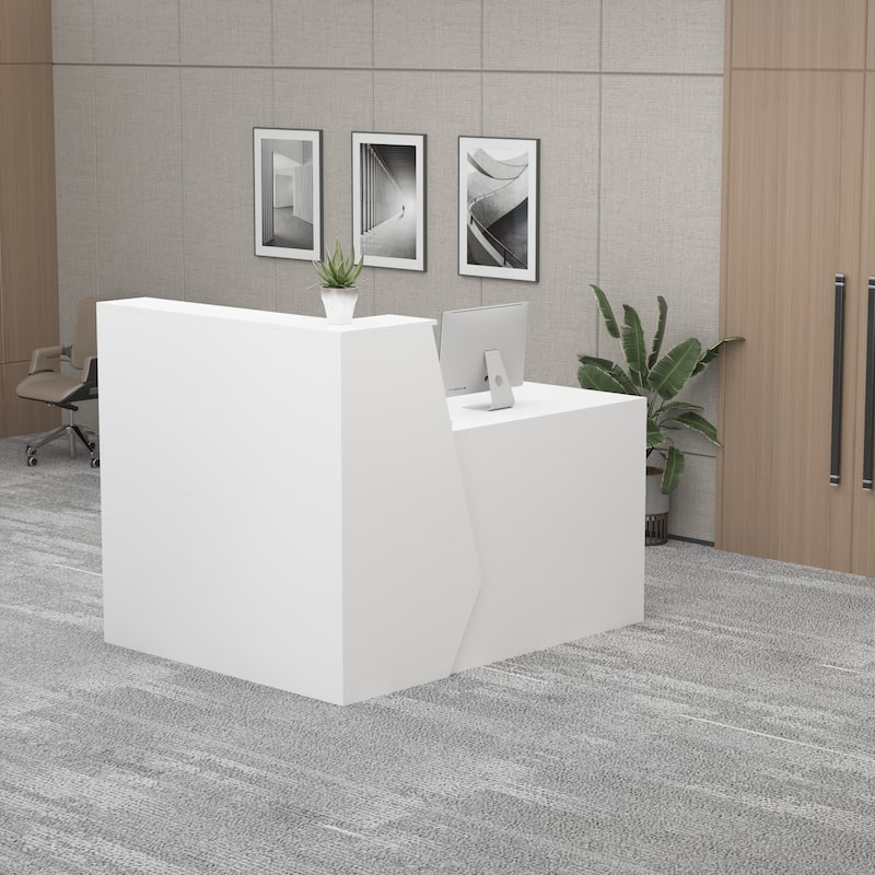 Timechee Reception Desk L-Shaped Counter w/ Lockable Storage, White